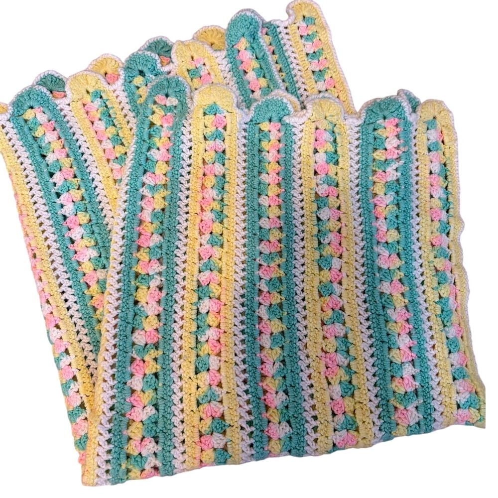 Handmade Baby Blanket Crochet Green Yellow Pink Nursery Baby Shower Gift Chunky